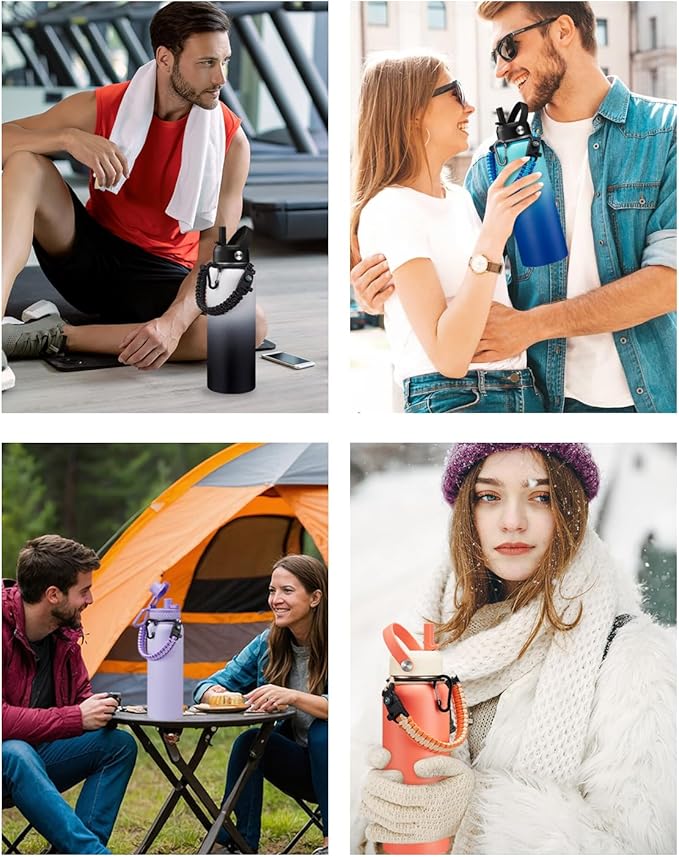 40oz 64oz Water Bottle with Straw - Spout Lid, Paracord Handle, Keep Cold 48H Hot 24H, Travel Water Flask with Strap Carrying Pouch for Hiking Work Sports, 40oz Stainless Steel Water bottle
