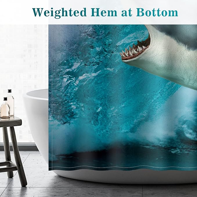Aimego Long Funny Shower Curtain - Cute Crazy Cat Riding Shark Ocean Fun Fabric Cloth Shower Curtain Set with 12 Hooks for Adults Bathroom Decor Accessories Bath Curtain, 72"x78", Blue Red