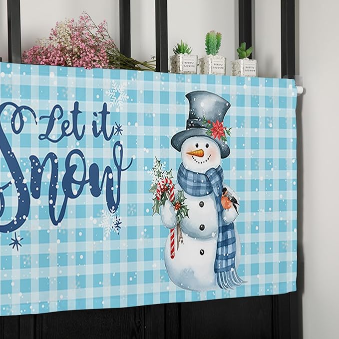 Snowman Christmas Valance Curtains for Kitchen Windows Let It Snow Winter Holiday Rod Pocket Window Treatment Toppers for Kitchen/Living Room/Bedroom/Bathroom, 42" X 12", Blue White Buffalo Plaid