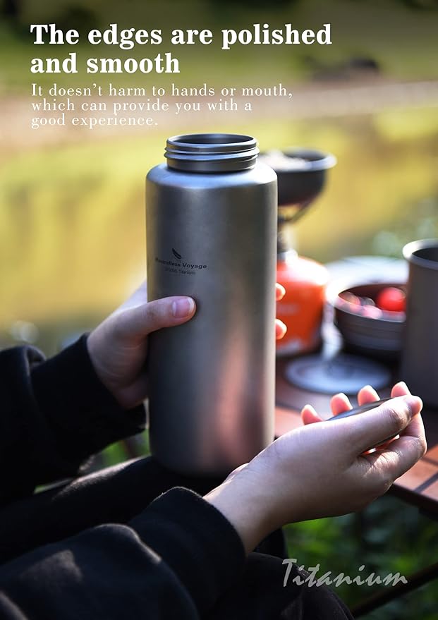 iBasingo 1050ml Titanium Bottle 600ml Nesting Cup Outdoor Camping Single Layer Wide Mouth Cookware Lightweight Portable Bottle Mug Hiking Picnic Solo Cooking Mess Kit