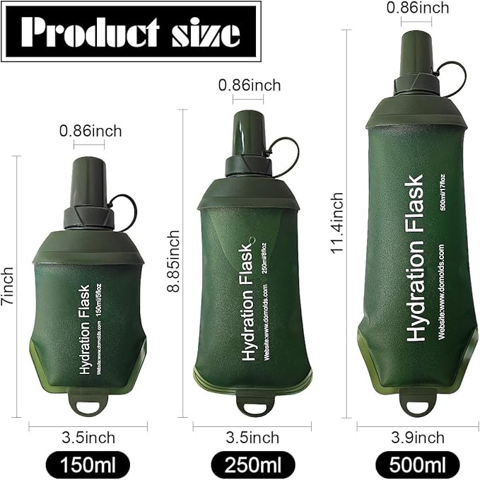 Green Soft Flask, TPU Foldable Running Hydration Flask, for Hydration Packs/Running Vests-Running, Hiking, Cycling Folding Bottle-8.5 oz (250 ml)