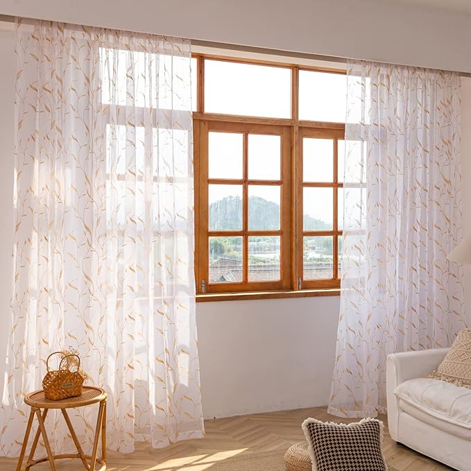 Windows Sheer Curtains Embroider Yellow Leaf 108 Inches Length 2 Panels Voile Light Filtering Sheer Curtains Panel Basic Rod Pocket for Bedroom Living Room Children Room