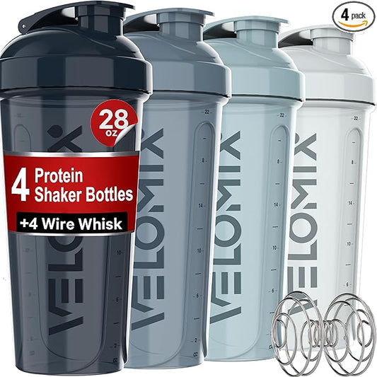 -4 PACK- 28 oz Shaker Cups for Protein Shakes - 4x Wire Whisk | Leak Proof Protein Shaker Bottles for Protein Mixes | Protein Shaker Bottle Pack | Mixer for Protein Shakes