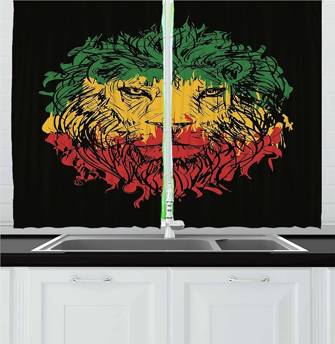 Ambesonne Rasta Kitchen Curtains, Ethiopian Flag Colors on Grunge Sketchy Lion Head with Black Backdrop, Window Drapes 2 Panel Set for Kitchen Cafe Decor, 55" x 36", Pale Lime Green