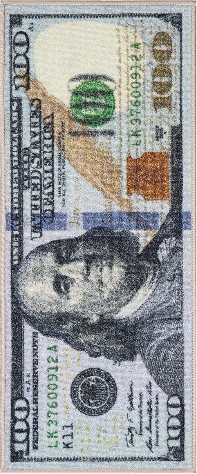 Ottomanson Machine Washable $100 Bill Design Indoor 22x53 Modern Runner Rug for Hallway, Kitchen, Bedroom, 22" x 53", Green/Multicolor