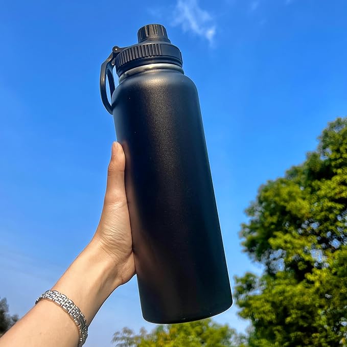 4pack 40 oz Insulated Water Bottle With Straw, Stainless Steel Sports Water Cup Flask with 2 Lids, Wide Mouth Travel Thermal Mug,Black