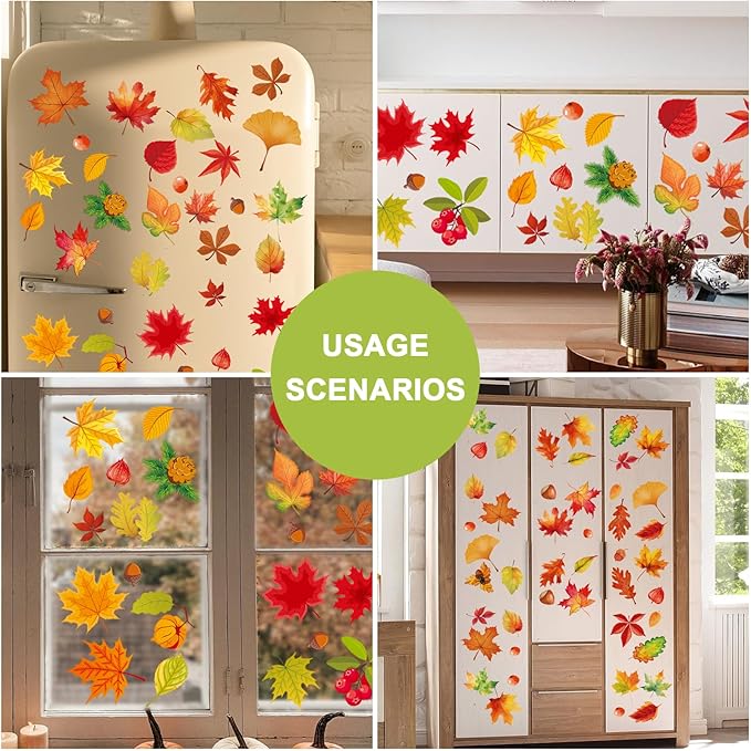 Fall Maple Leaf Window Clings for Glass Windows Autumn Window Static Stickers Double-Sided Leaves Cone Hazelnut Window Door Cling Removable Reusable Stickers Thanksgiving Window Door Decoration