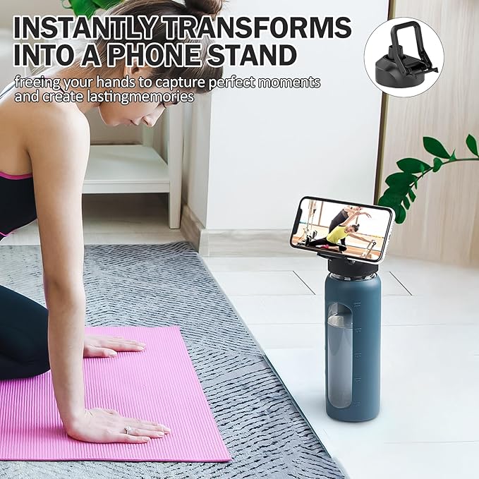 Glass Water Bottles with Straw -24oz- Water Bottle Phone Holder for Gym Sports Water Bottles with Silicone Sleeve Glass Drinking Bottles 2 Lids - Spout & Bamboo Straw Lid(Dark Blue)