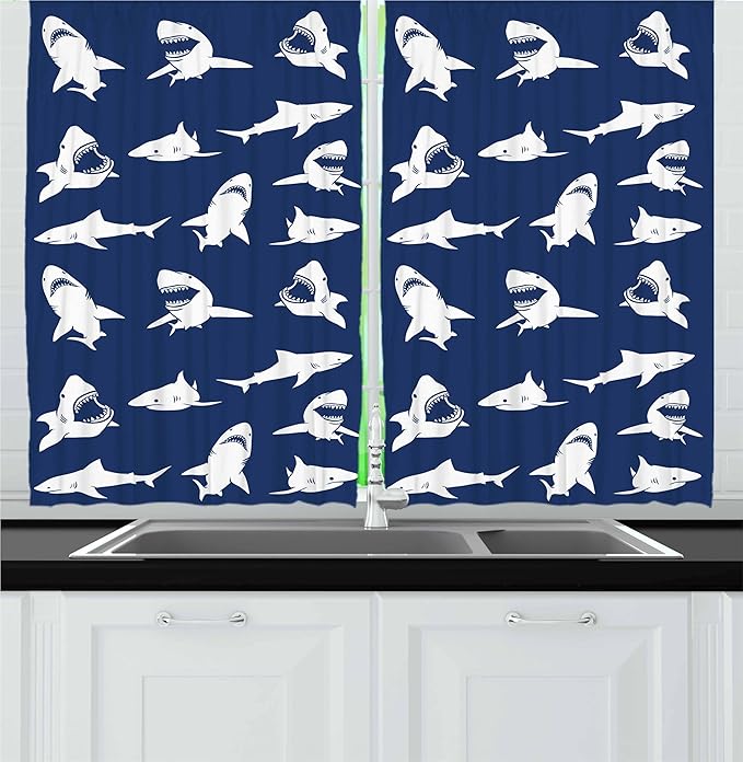 Ambesonne Shark Kitchen Curtains, Shark Pattern with Various Gestures Have a Bite Danger Humor Nautical Design, Window Drapes 2 Panel Set for Kitchen Cafe Decor, 55" x 30", Blue Violet