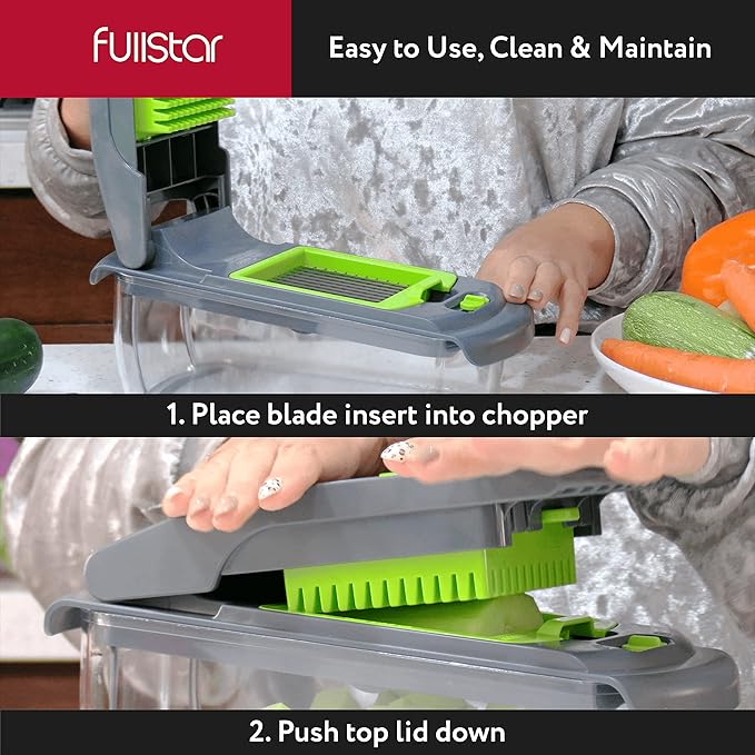 Fullstar Vegetable Chopper - Food Chopper - Onion Chopper - Vegetable Slicer & Spiralizer - Veggie Chopper with Container - Kitchen Gadgets - Home Essentials - Kitchen Accessories (9 in 1, Gray/Green)