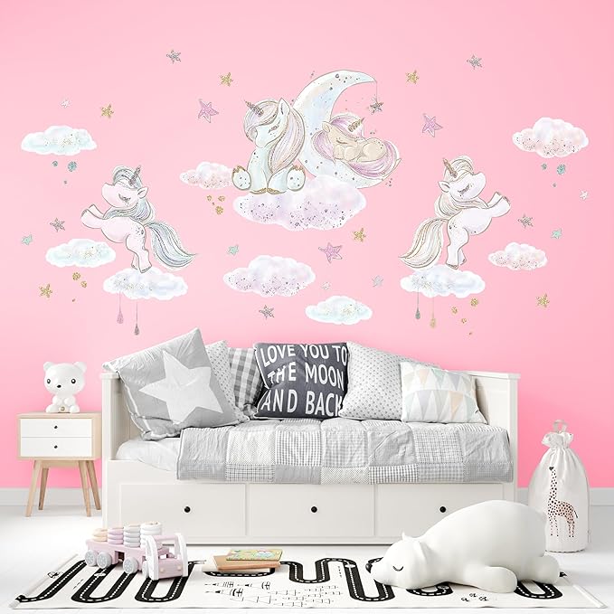 Unicorn Wall Decals for Kids by Lipastick - 126 pcs Unicorn Wall Stickers Peel and Stick - Wall Decals for Girls Kids Baby Nursery Bedroom - Kids Colorful Decals Glittered Moon Stars Clouds M Size