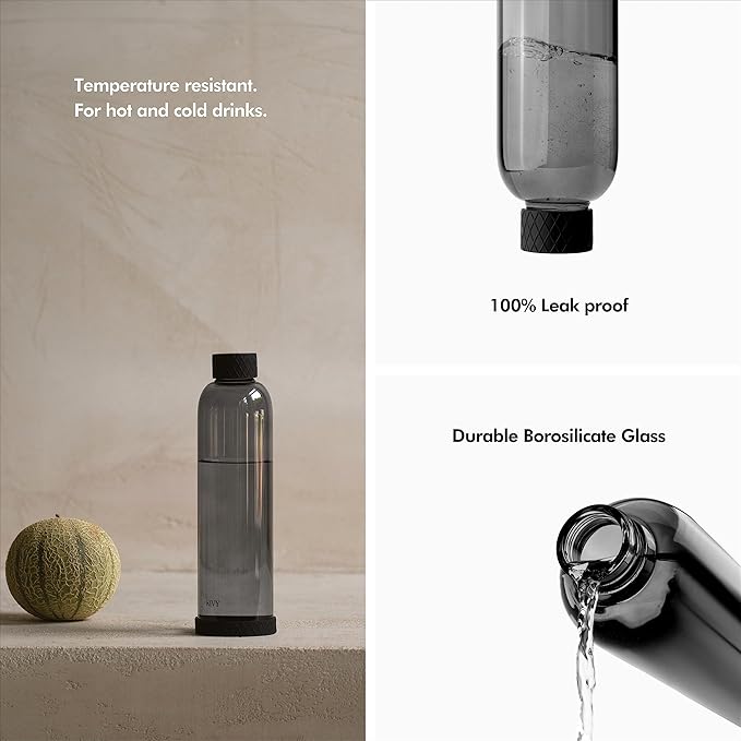 KIVY 32 oz Glass Water Bottle with Silicone Sleeve - BPA free Glass Water Bottles 32 oz - Black water bottles glass bottle - Borosilicate glass water bottle 32 oz - Reusable black water bottle glass