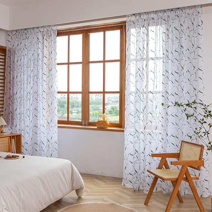 Windows Sheer Curtains Embroider Dark Green Leaf 95 Inches Length 2 Panels Voile Light Filtering Sheer Curtains Panel Basic Rod Pocket for Bedroom Living Room Children Room