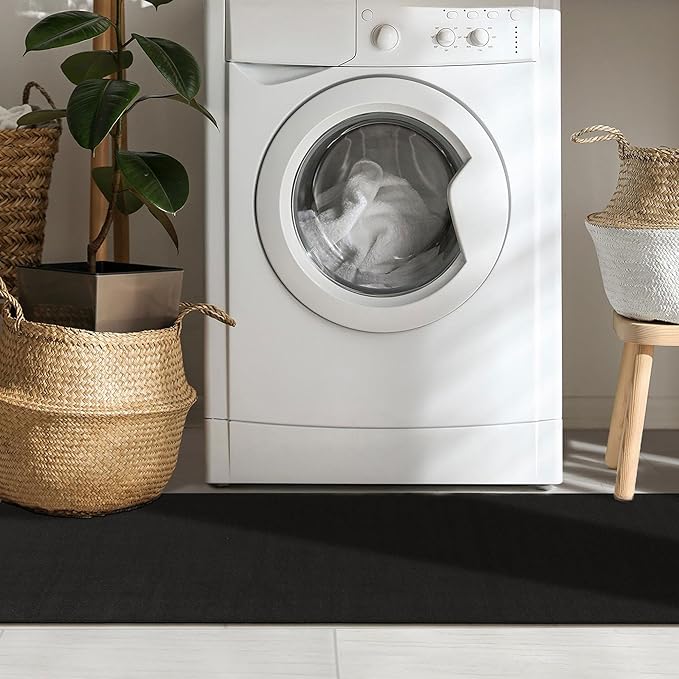 Machine Washable Modern Solid Design Non-Slip Rubberback 2x12 Traditional Runner Rug for Hallway, Kitchen, Bedroom, Living Room, 1'10" x 12', Black