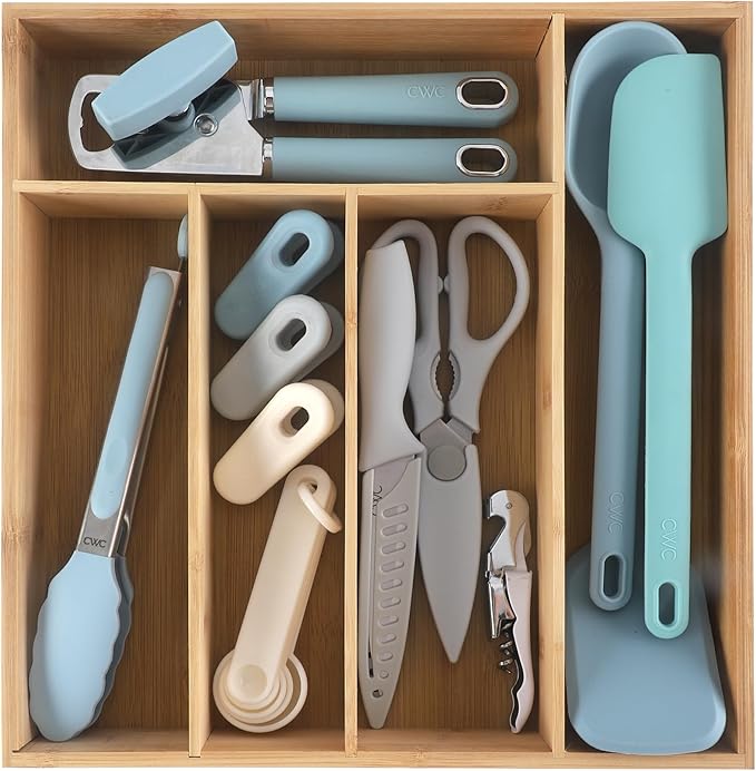 COOK WITH COLOR Bamboo Kitchen Utensil Set with Drawer Organizer | Cooking Tools and Storage Caddy, Blue, 18 Piece Gadget Set
