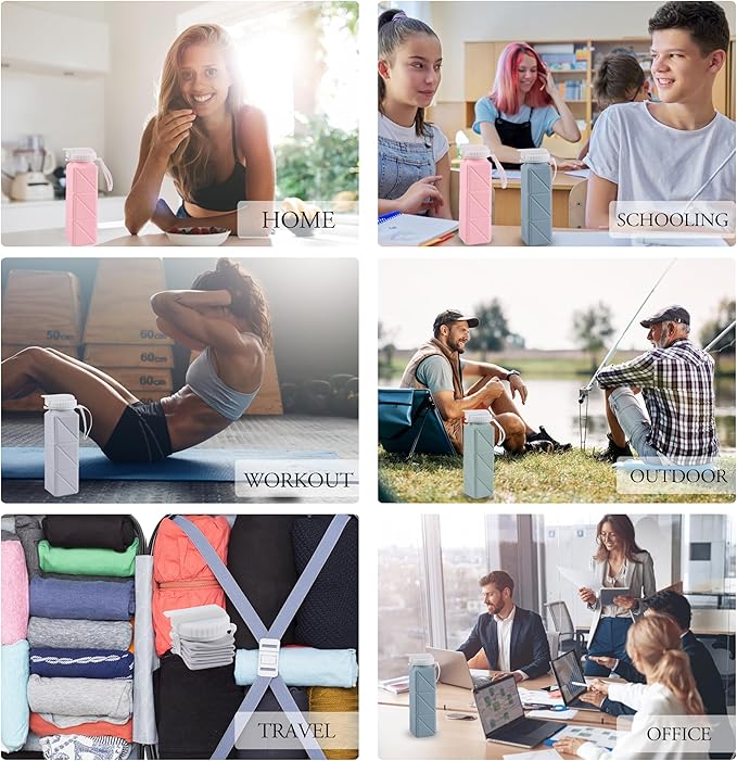 EOBTAIN Collapsible Watter Bottle for Traveling Grey Silicone Foldable Water Bottles with Straw,Portable Lightweight and BPA Free Reusable Water Bottle Cup for Camping Hiking,Leakproof