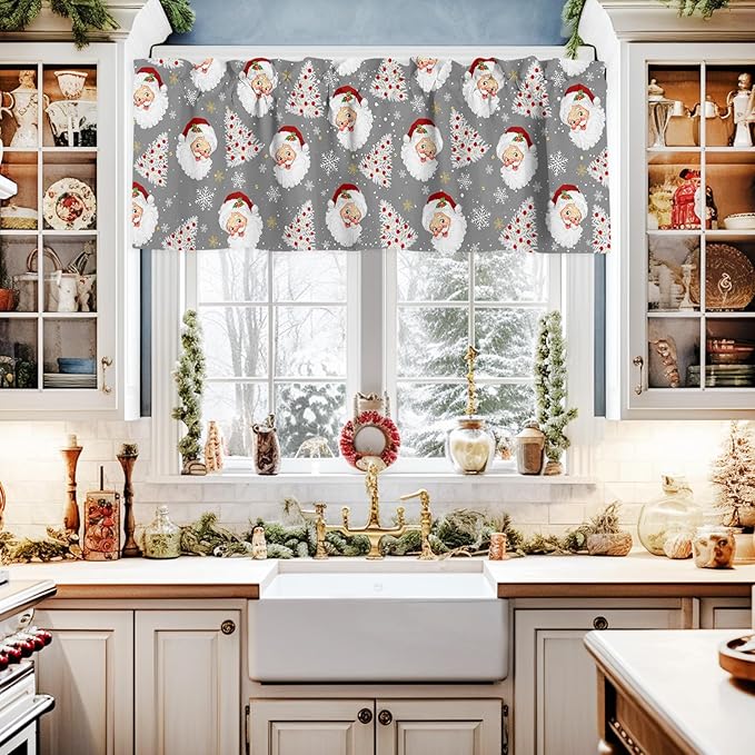 Grey Christmas Valance Curtains for Kitchen Windows Santa Claus Merry Christmas Tree Rod Pocket Window Treatment Toppers for Kitchen/Living Room/Bedroom/Bathroom, 60" X 18", Winter Snowflake