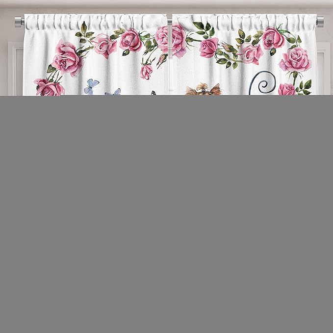 Ambesonne Yorkie Long Kitchen Curtains, Yorkshire Terrier in Pink Dress Having a Tea Party Tea Time Butterflies Roses, Two Panels Drapes with Rod Pocket Room Decor, 55" x 45", Pink White
