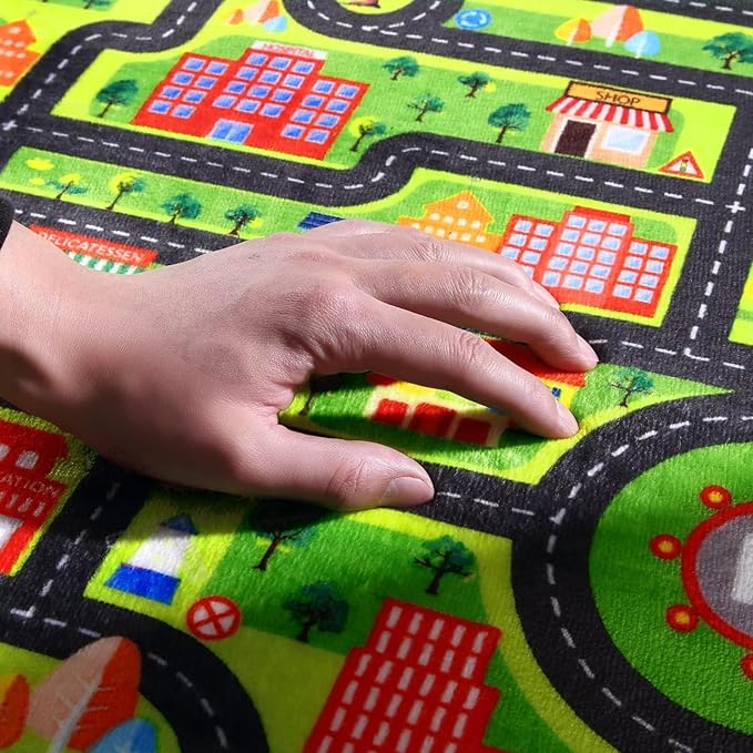 Kids Car Rug Play Mat, City Roads Learning Carpet Great for Playing with Cars and Toys Kids Carpet Playmat Soft Non Slip Playtime Activity Mat for Playroom Bedroom Classroom 5x7 ft Black Street