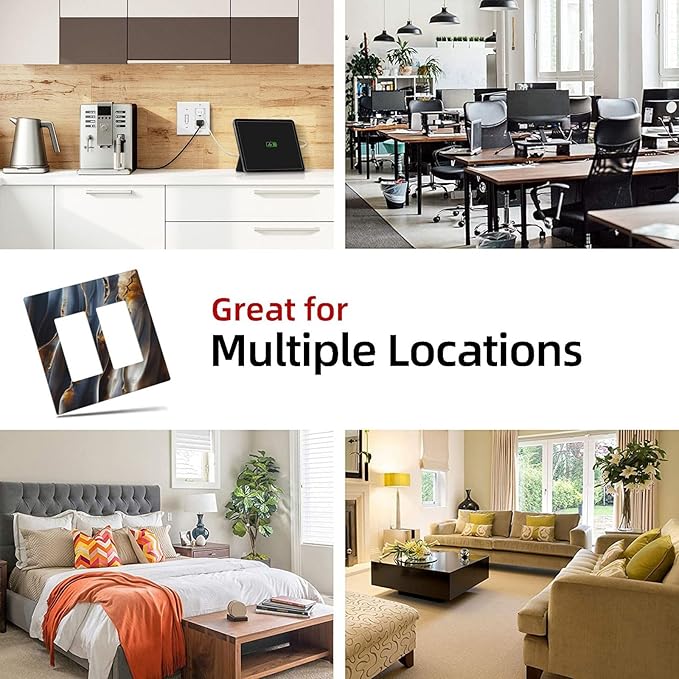 Gradient Abstract Ripple Blue Gold Marble Printed 2 Gang Rocker Decora Light Switch Covers Dual Outlet Covers Wall Plate Decorative Switchplate Electrical Faceplate GFCI for Kitchen Bathroom Bedroom