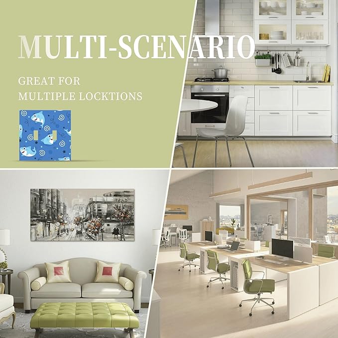 Cute Sharks Cartoon Double Toggle Light Switch Covers 2 Gang Wall Plate Dual Decorative Switchplate Electrical Faceplate for Bathroom Country Kitchen Bedroom Decor, 4.9" x 5"