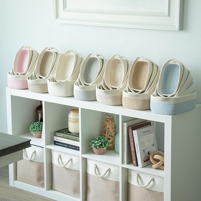 OrganiHaus Set of 5 Rectangle Bathroom Storage Baskets for Organizing, Small Woven Baskets for Storage Basket for Bathroom, Nursery Storage Basket for Baby Nursery Organization, Cute Bin, Brown/White