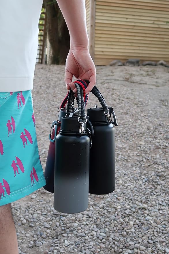 32 oz Insulated Water Bottle with Paracord Handles & Strap, 2 Lids(Straw Lid&Spout Lid), Stainless Steel Reusable Wide Mouth Metal Water Bottle With Straw, Double Walled, Thermo Mug(Black Gray)