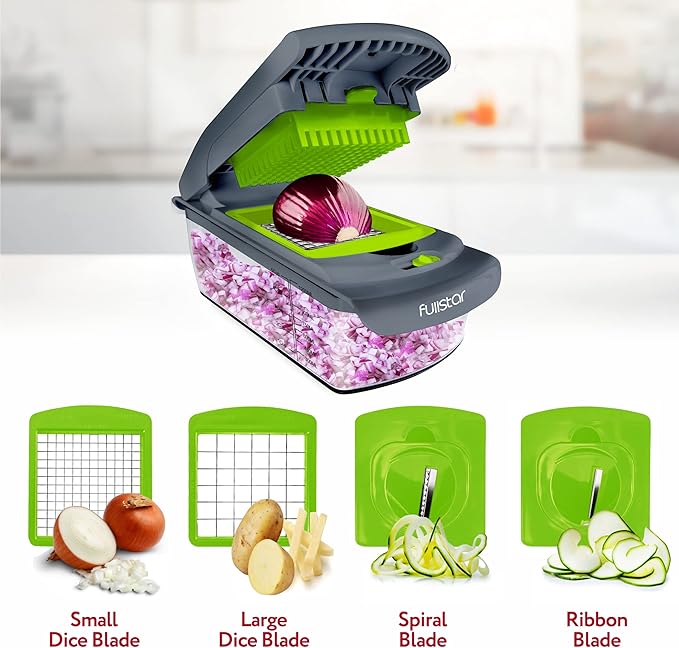 Fullstar Vegetable Chopper - Food Chopper - Onion Chopper - Vegetable Slicer & Spiralizer - Veggie Chopper with Container - Kitchen Gadgets - Home Essentials - Kitchen Accessories (4 in 1, Gray/Green)