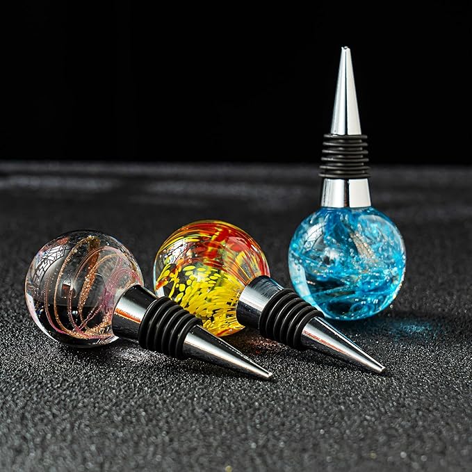 2PCS Hand Blown Glass Wine Stopper Bottle Stopper - Wine Saver, Reusable Wine Corks for Beverage, Stainless Steel Wine Stopper