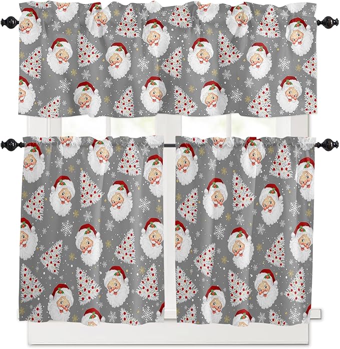 Grey Christmas Kitchen Curtains and Valances Set, Santa Claus Merry Christmas Tree Windows Treatments Tiers Half/Short Curtains for Small Windows Cafe/Living Room/Bedroom 54x36 in Winter Snowflake