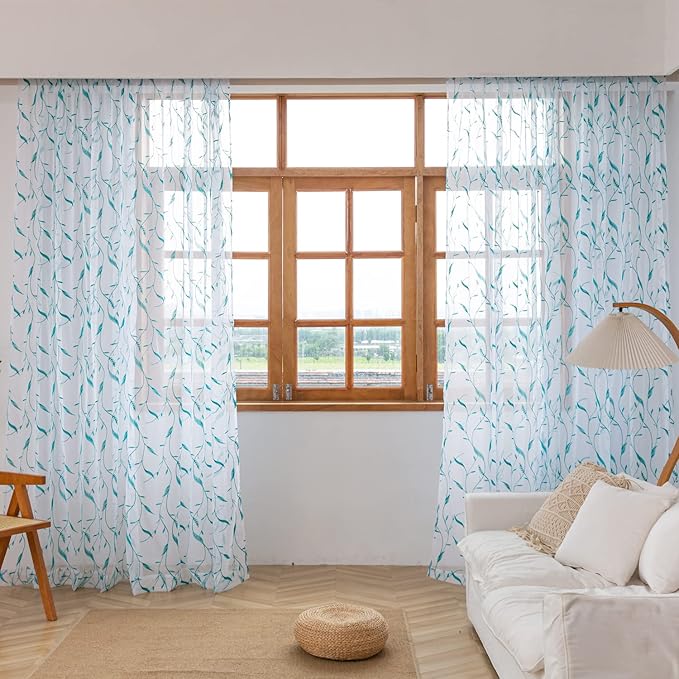 Windows Sheer Curtains Embroider Green Leaf 108 Inches Length 2 Panels Voile Light Filtering Sheer Curtains Panel Basic Rod Pocket for Bedroom Living Room Children Room