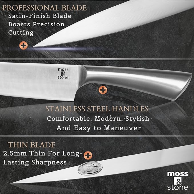 Moss & Stone Professional Kitchen Knife Chef Set, 6 Pcs Small Knife Set With Block, Premium Kitchen Knife Set Stainless Steel, Scratch Resistant & Rust Proof, Knife Block With Sharp Cooking Knives.