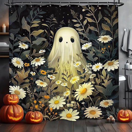Halloween Ghost Shower Curtain 60Wx72L Inch Gothic Daisy Night Leaves Flower Floral Holiday Bathroom Set Accessories Decor with 12 Pack Hooks