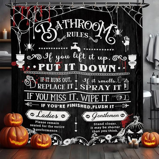 Halloween Bathroom Toilet Rules Shower Curtain 60Wx72L Inch Horror Spooky Scary Funny Pumpkin Holiday Bathroom Set Accessories Decor with 12 Pack Hooks