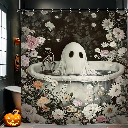 Halloween Ghost Gothic Funny Shower Curtain 60Wx72L Inch Horror Spooky Scary Flower Floral Holiday Bathroom Set Accessories Decor with 12 Pack Hooks