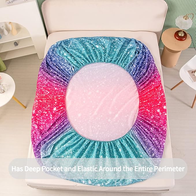 RYNGHIPY Colorful Glitter Bed Sheet Collections, Glitter Rainbow Theme Fitted Sheet Full Size, Mermaid Design Sheets Set for Girls (Pink Blue,Full)