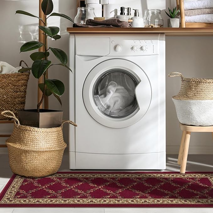 Ottomanson Machine Washable Trellis Design Non-Slip Rubberback 2x7 Modern Runner Rug for Hallway, Kitchen, Living Room, Bedroom, 1'10" x 7', Red Trellis