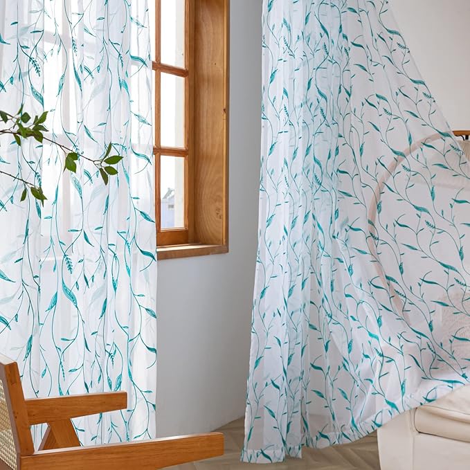 Windows Sheer Curtains Embroider Green Leaf 63 Inches Length 2 Panels Voile Light Filtering Sheer Curtains Panel Basic Rod Pocket for Bedroom Living Room Children Room