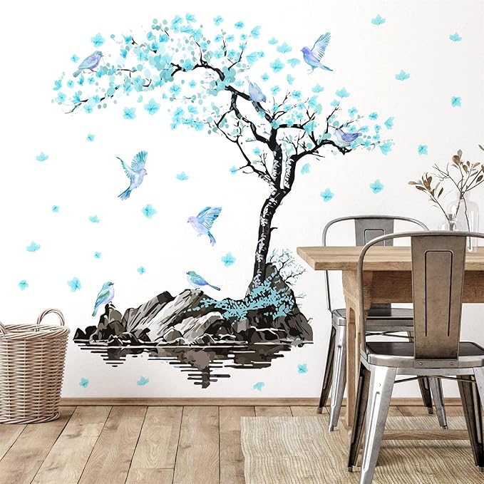 Large Flower Tree Wall Decals Blue Blossom Floral Wall Stickers Peel and Stick Wall Art Mural for Girls Bedroom Living Room Watercolor Bird Tree Branch Wall Stickers for Kitchen TV Background Decor
