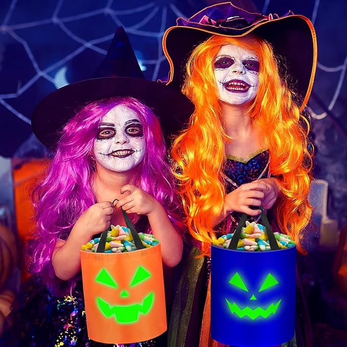6 Pcs Halloween Glowing Trick or Treat Candy Bucket Halloween Multipurpose Basket Glowing Spooky Face Pumpkin Reusable Goody Bags for Halloween Supplies Favors