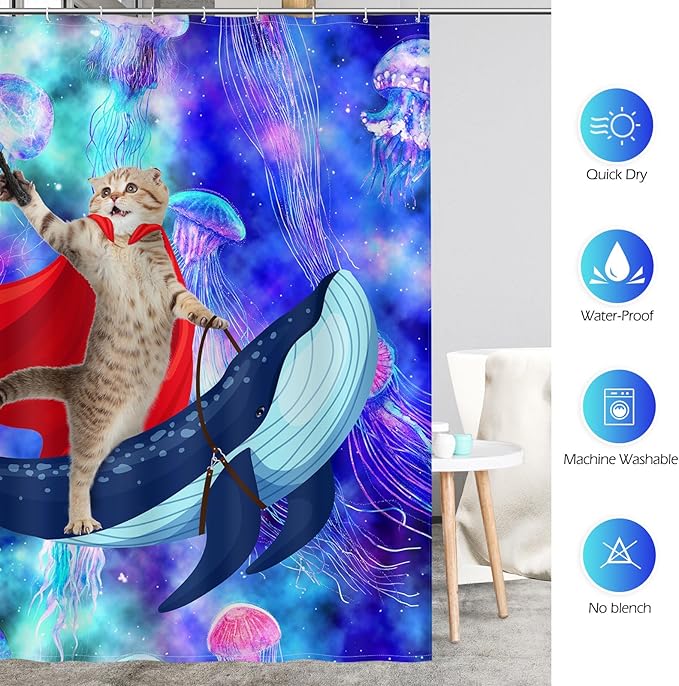 Aimego Extra Long Shower Curtain - Funny Cute Cat Riding Whale on Space Galaxy Fantasy Jellyfish Fabric Cloth Shower Curtain Set with 12 Hooks for Kids Bathroom Decor Bathtub Curtain, 72"x84"