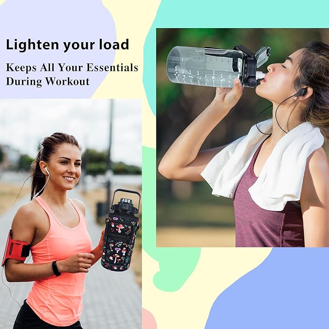 64 oz Water Bottle with Straw Sleeve & Strap Motivational Half Gallon Water Jug with Handle for Gym Women Men Aesthetic Water Bottle with Strap Black Mushroom