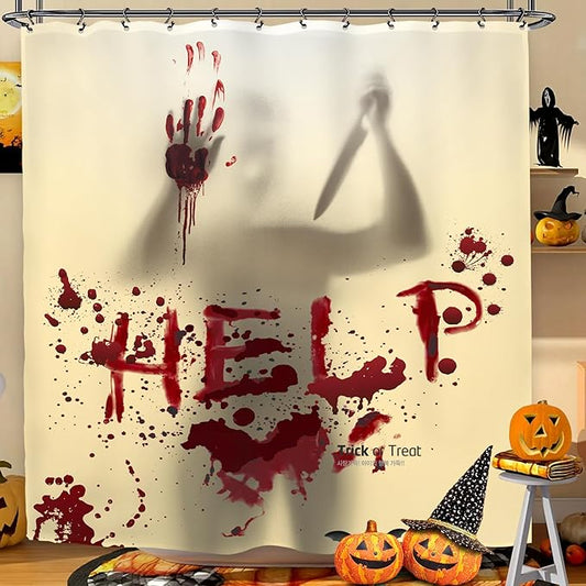 Halloween Horror Scary Shower Curtain 60Wx72L Inch Help Me Blood Silhouette Funny Spooky Holiday Bathroom Set Accessories Decor with 12 Pack Hooks