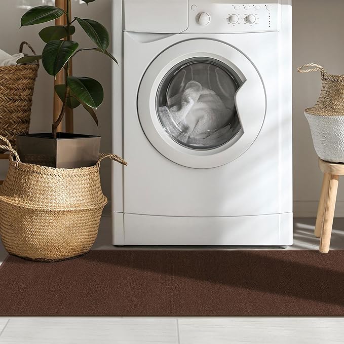 Machine Washable Modern Solid Design Non-Slip Rubberback 3x10 Traditional Runner Rug for Hallway, Kitchen, Bedroom, Living Room, 2'7" x 9'10", Brown