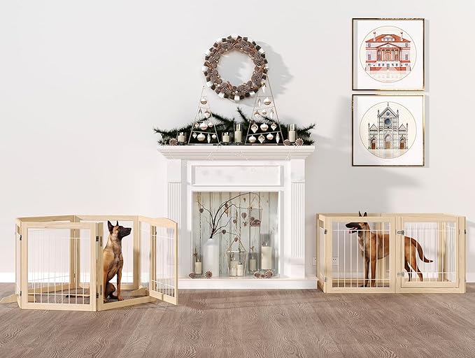 Folding No-Assembly Pet Gate 144" Wide, 30" Tall Wooden Dog Gate with Door Walk Through, Freestanding Wire Pet Gate, Pet Puppy Safety Fence, with 2PCS Support - Natural White