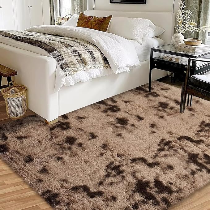 Fluffy Area Rug for Living Room 8x10 Feet, Fluffy Shaggy Rugs for Bedroom Soft Plush Fuzzy Carpet Indoor Modern Faux Fur Rugs Non Slip Home Decor Rug for Kids Girls Nursery, Tie Dye Brown