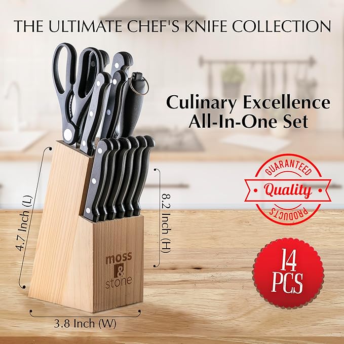 Moss & Stone 14-piece Knife Block Set, Stainless Steel Knife Set, Premium Kitchen knives Set With High-Carbon Stainless Steel Blades And Wooden Block Set, Cutlery Knife Set, 14 Pcs Kitchen Knife Set