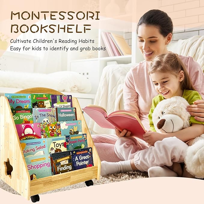Montessori Bookshelf for Toddler 1-5 Years, 5 Tier Front-Facing Natural Wood Kids Bookcase with Handle and Wheels, Children's Storage Magazine Rack with Chalkboard for Nursery, Classroom, Playroom