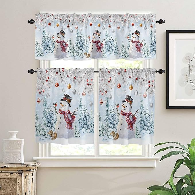Snowman Kitchen Curtains and Valances Set, Blue Merry Christmas Tree Red Balls Squirrel Windows Treatments Tiers Half/Short Curtains for Small Windows Cafe /Living Room/ Bedroom 54x36 in Winter