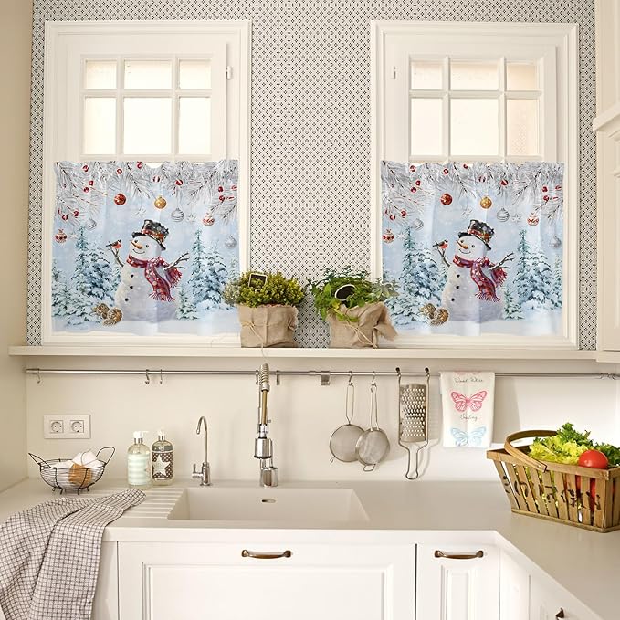 Snowman Kitchen Curtains and Valances Set, Blue Merry Christmas Tree Red Balls Squirrel Windows Treatments Tiers Half/Short Curtains for Small Windows Cafe /Living Room/ Bedroom 54x36 in Winter